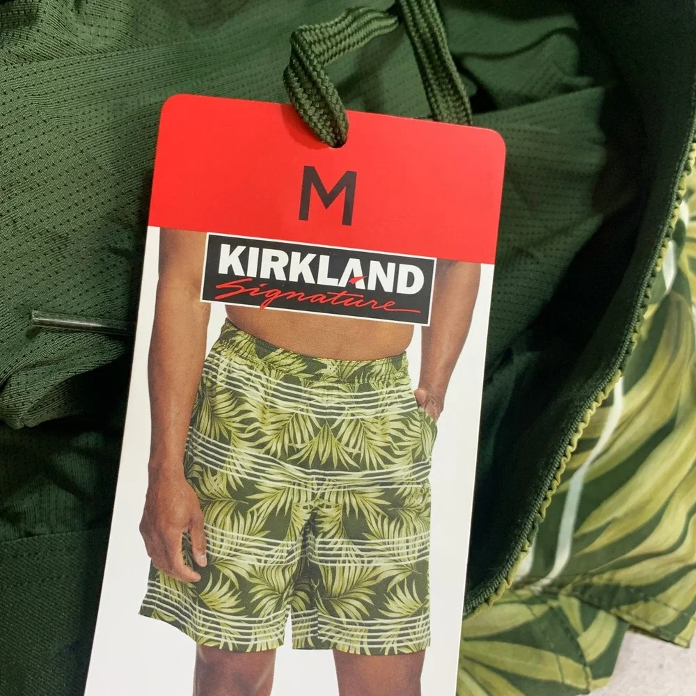 NWT Kirkland Signature Tropical Palm Swim Shorts Men's M Green Stretch Fabric